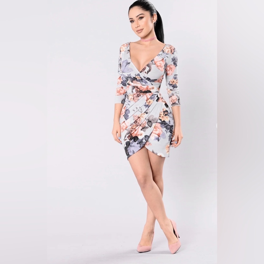 🆕Fashion Nova - Take It Slow Dress Floral Wrap Quarter Sleeve Mini Dress